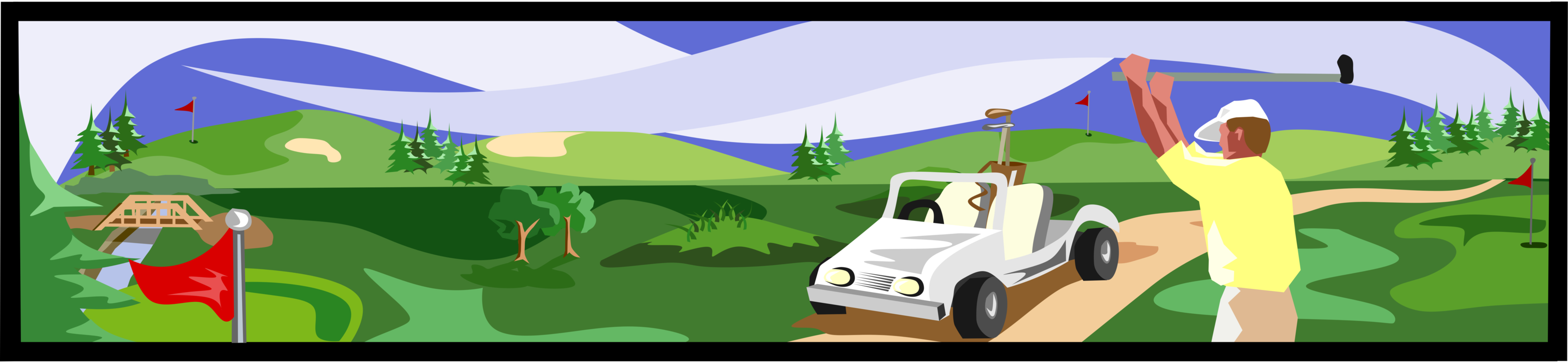 Vector Illustration of Golf Course with Electric Cart and Golfer Driving Ball to the Green