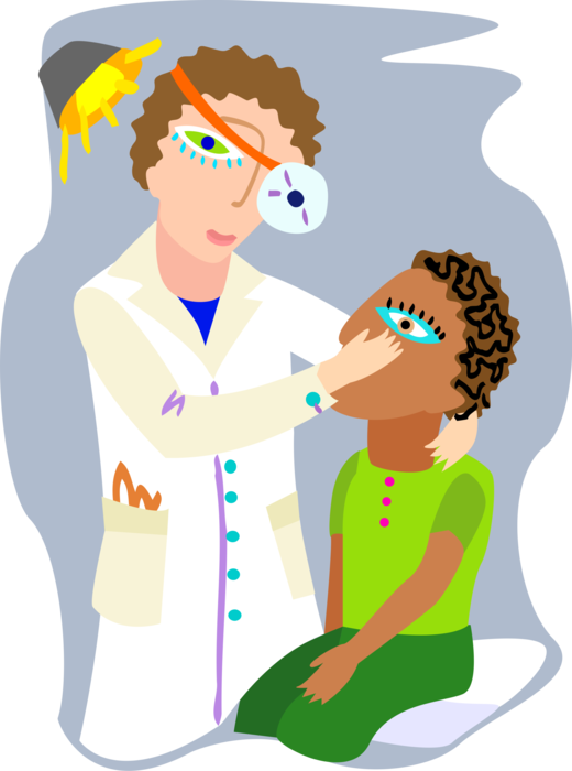 Vector Illustration of Ophthalmologist Optician Doctor with Patient Eye Examination
