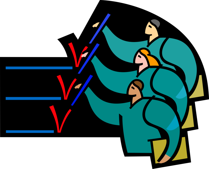 Vector Illustration of Students in School Classroom Study Checkmark Answers on Test Questions