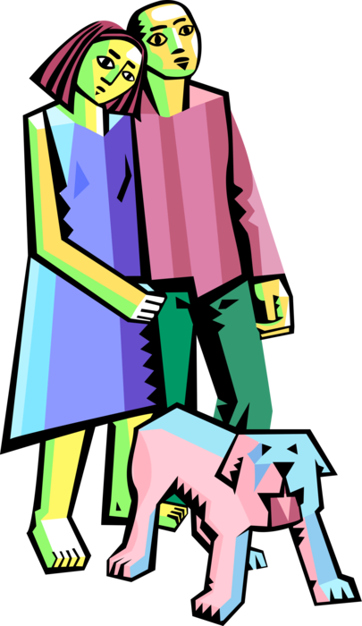 Vector Illustration of Romantic Couple Walking The Family Dog
