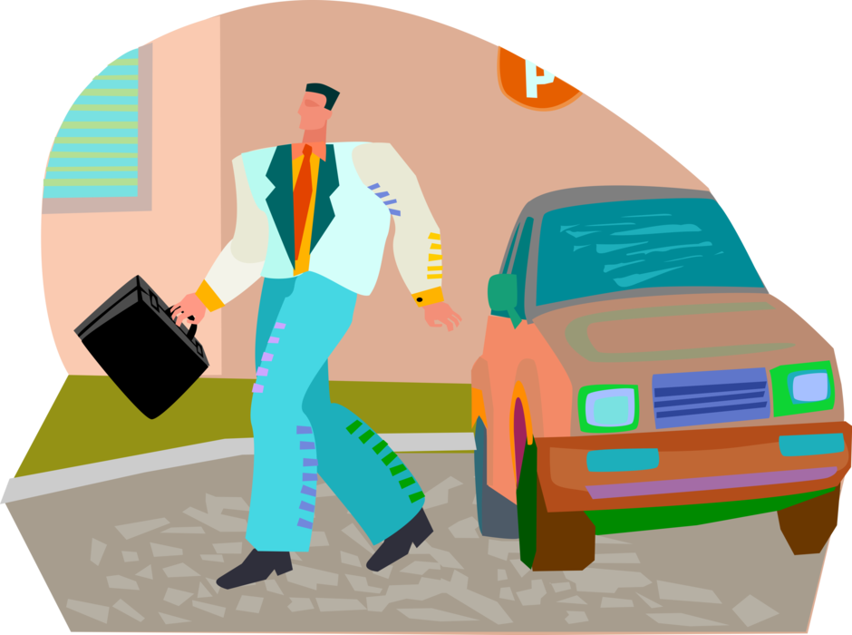 Vector Illustration of Businessman Arrives at Appointment in Automobile Motor Vehicle