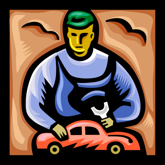 Vector Illustration of Automotive Service Technician Garage Mechanic with Motor Vehicle Car