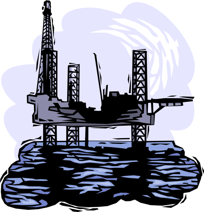 Vector Illustration of Offshore Petroleum Fossil Fuel Oil Rig Drilling Platform Polluting Marine Environment