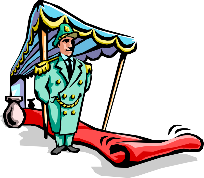Vector Illustration of Hospitality Industry Hotel Doorman Provides Courtesy and Security with Red Carpet