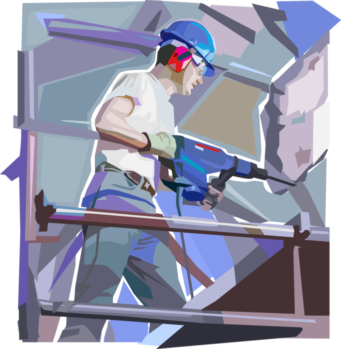 Vector Illustration of Worker on Construction Site with Large Drill and Bit