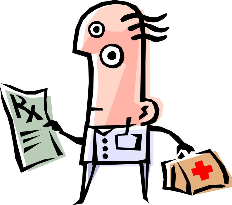 Vector Illustration of Doctor with First Aid Bag Administers Prescription Drug Medication