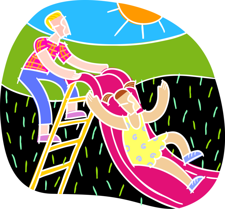 Vector Illustration of Children Playing on Slide in Playground Park
