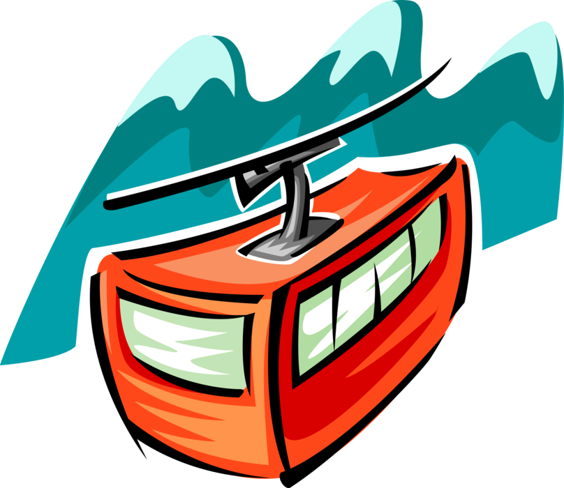 Vector Illustration of Alpine Skiing Ski Gondola or Tram Carries Skiers to Top of Mountain