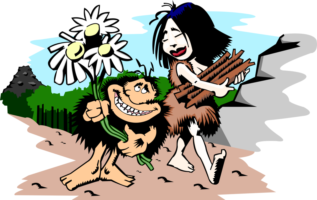 Vector Illustration of Romantic Prehistoric Neanderthal Caveman in Love Offers Flowers