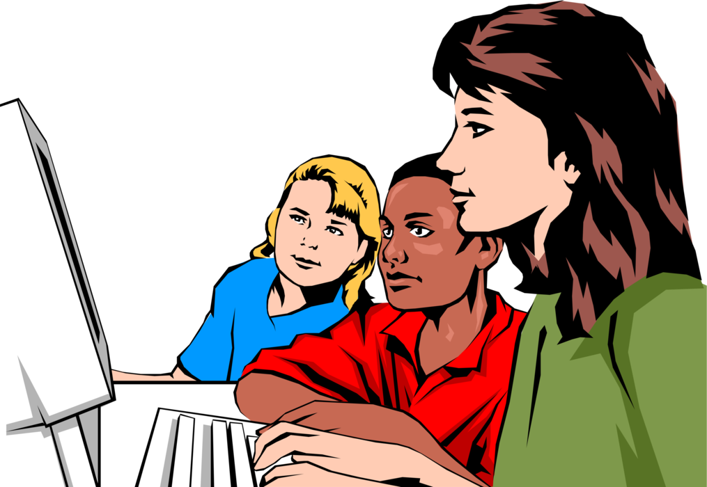 Vector Illustration of Teacher with Students Review Class Assignment on Computer
