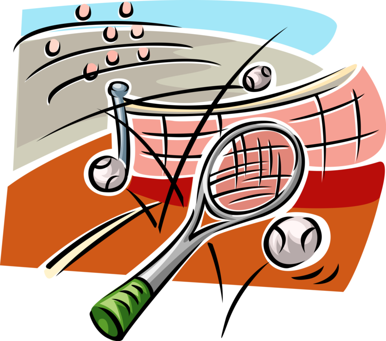 Vector Illustration of Sport of Tennis Racket or Racquet, Balls and Net