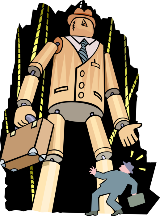 Vector Illustration of Mechanical Puppet Businessman Manipulated By Ropes