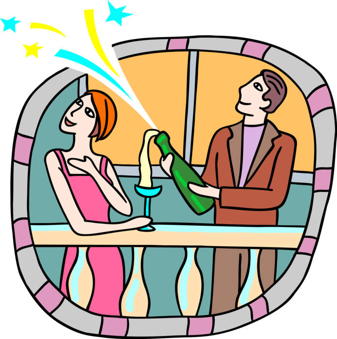 Vector Illustration of Couple Celebrate Uncorking Bottle of Bubbly Champagne