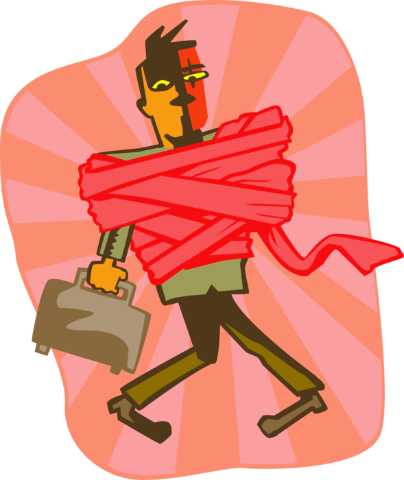Vector Illustration of Businessman Wrapped Up in Bureaucratic Red Tape of Rigid Conformity That Hinders Decision-Making