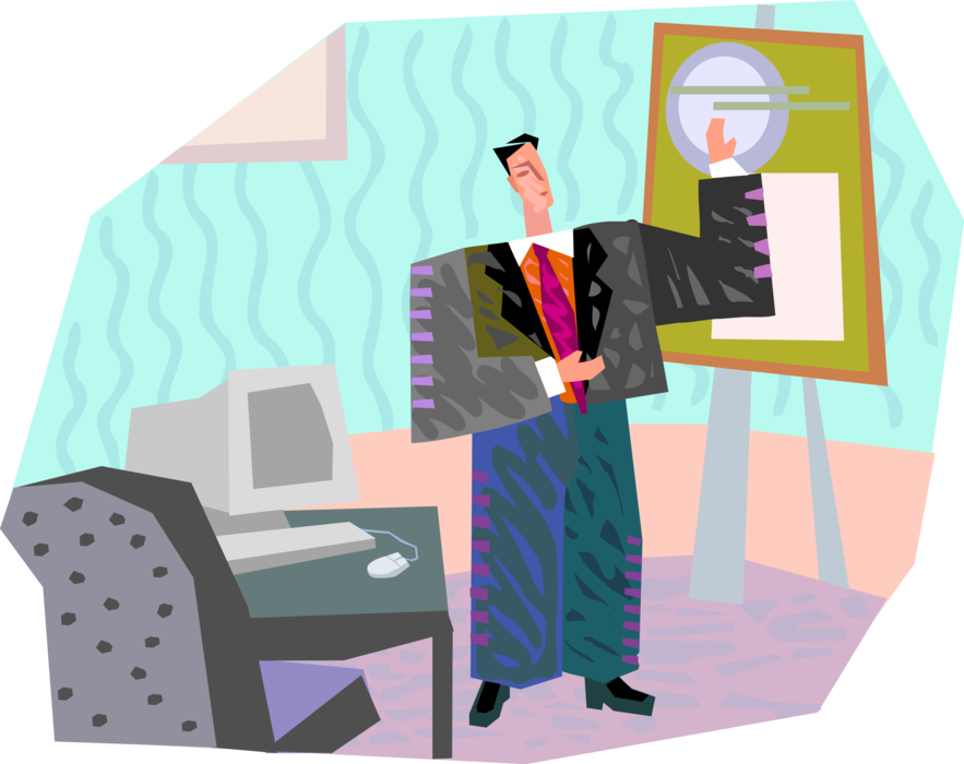 Vector Illustration of Businessman at Work Prepares Presentation