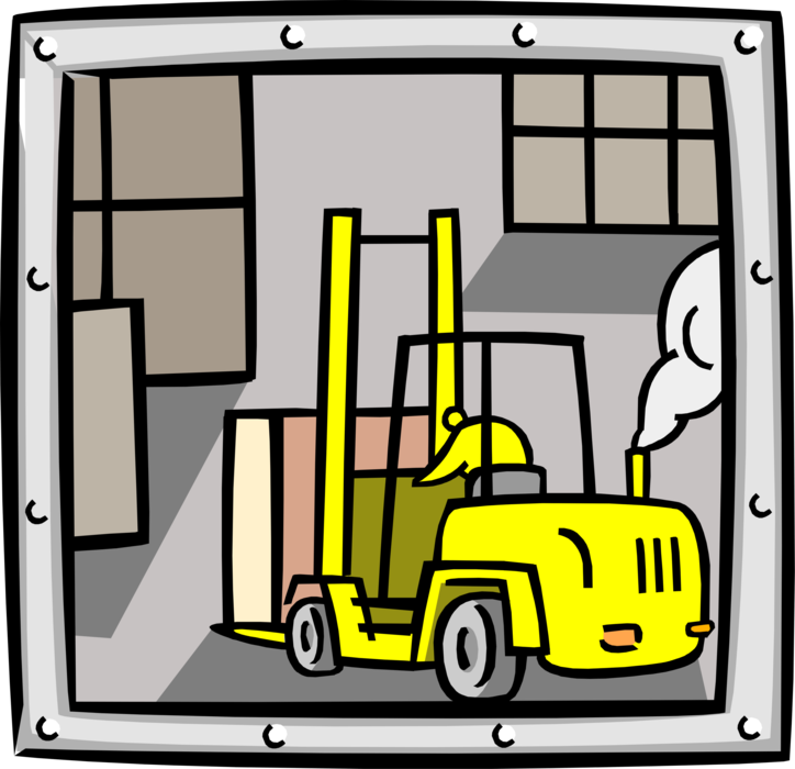 Vector Illustration of Warehouse with Heavy Machinery Equipment Forklift Truck