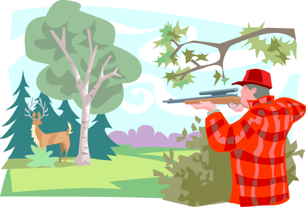 Vector Illustration of Deer Hunter in Hunting Season Shoots White-Tailed Deer with Shotgun