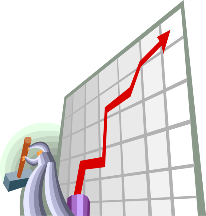 Vector Illustration of Businessman Swinging Sledgehammer to Increase Profits on Graph