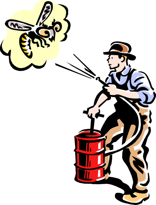 Vector Illustration of 1950's Vintage Style Pest Control Exterminator Spraying Bugs 