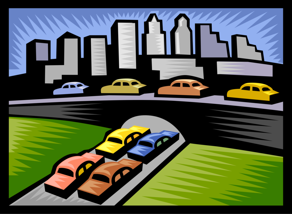 Vector Illustration of Traffic Congestion on Roadways Driving to Work in City