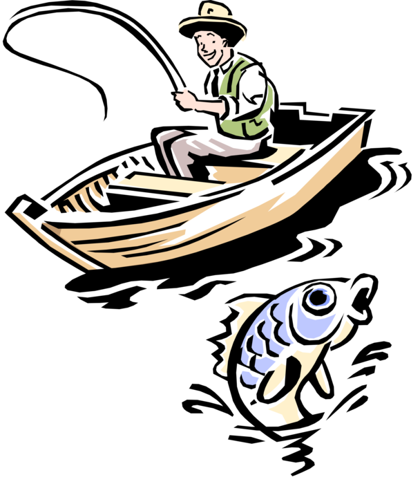 Vector Illustration of Sport Fisherman Angler in Boat Fishing Catches Fish