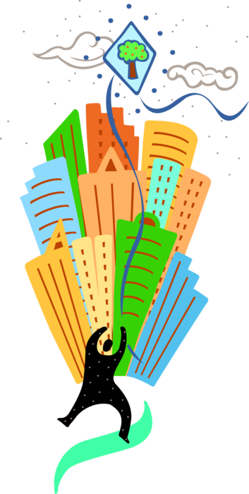 Vector Illustration of Flying Environmental Awareness Kite Above Urban Scene