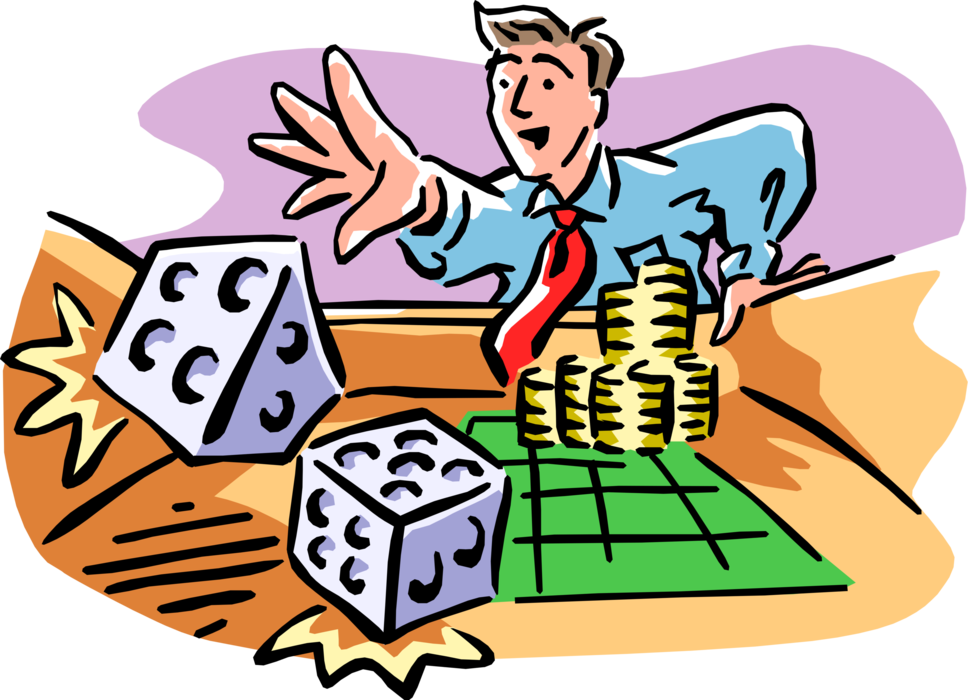 Vector Illustration of Businessman Takes Chance and Throws the Dice Gambling at Craps Table