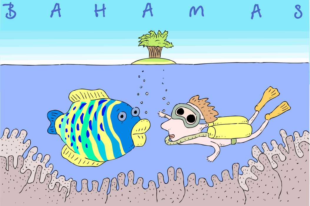 Vector Illustration of Bahamas Postcard Design with Scuba Diver and Tropical Fish