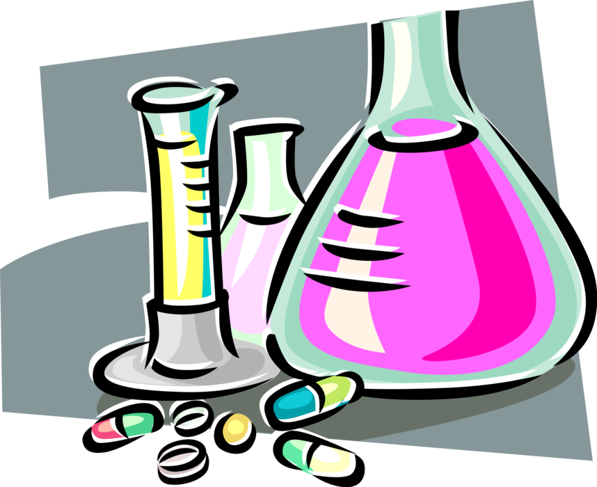 Vector Illustration of Medical Research and Development Laboratory Flasks with Medicine