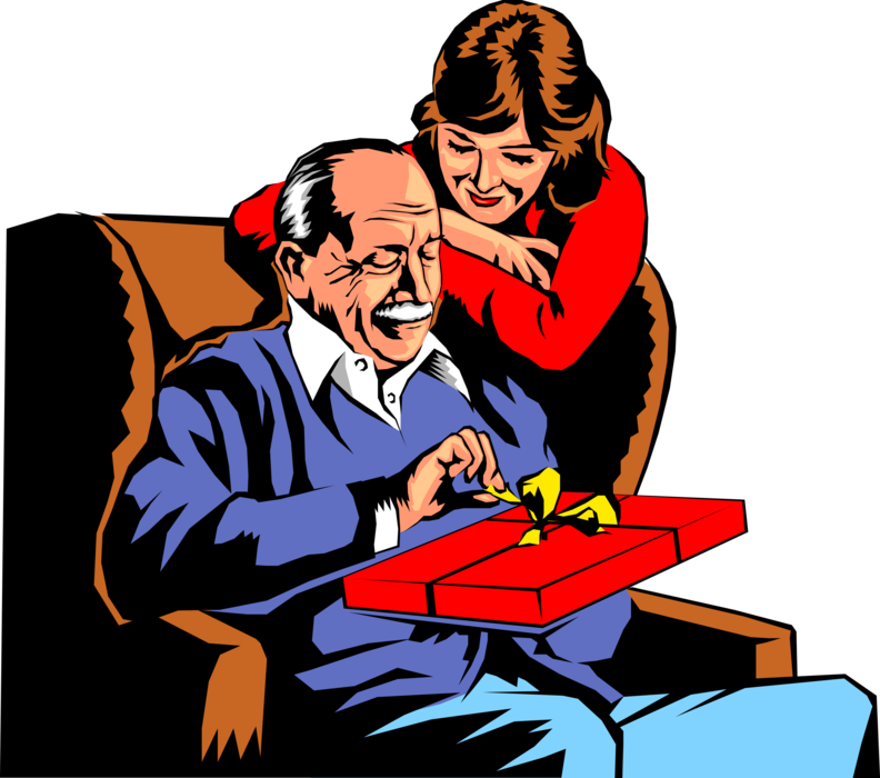 Vector Illustration of Father Opening Birthday Gift from Daughter