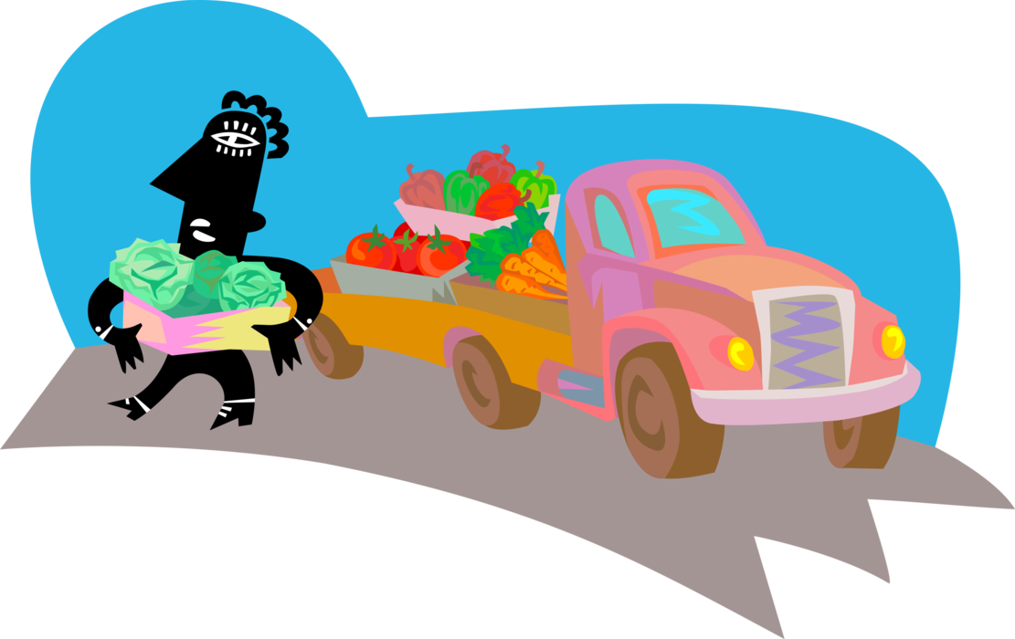 Vector Illustration of Local Farmer Delivers Fresh Fruits and Vegetables to Food Vendor Market