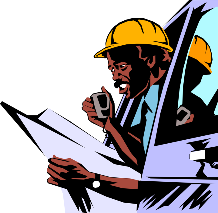 Vector Illustration of Construction Industry Site Foreman Discusses Blueprint Plans