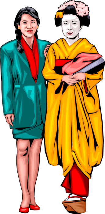 Vector Illustration of Japanese Businesswoman with Geisha Hostess in Traditional Dress