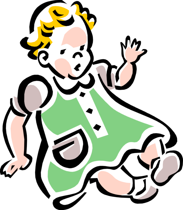 Vector Illustration of Infant Baby Girl in Green Dress
