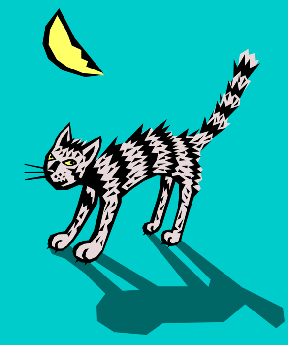 Vector Illustration of Small Domesticated Family Pet Kitten Striped Cat with Moon