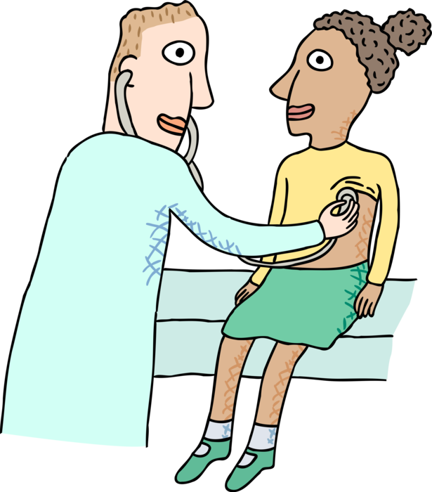 Vector Illustration of Physician Examining Child with Stethoscope to Listen to Heartbeat