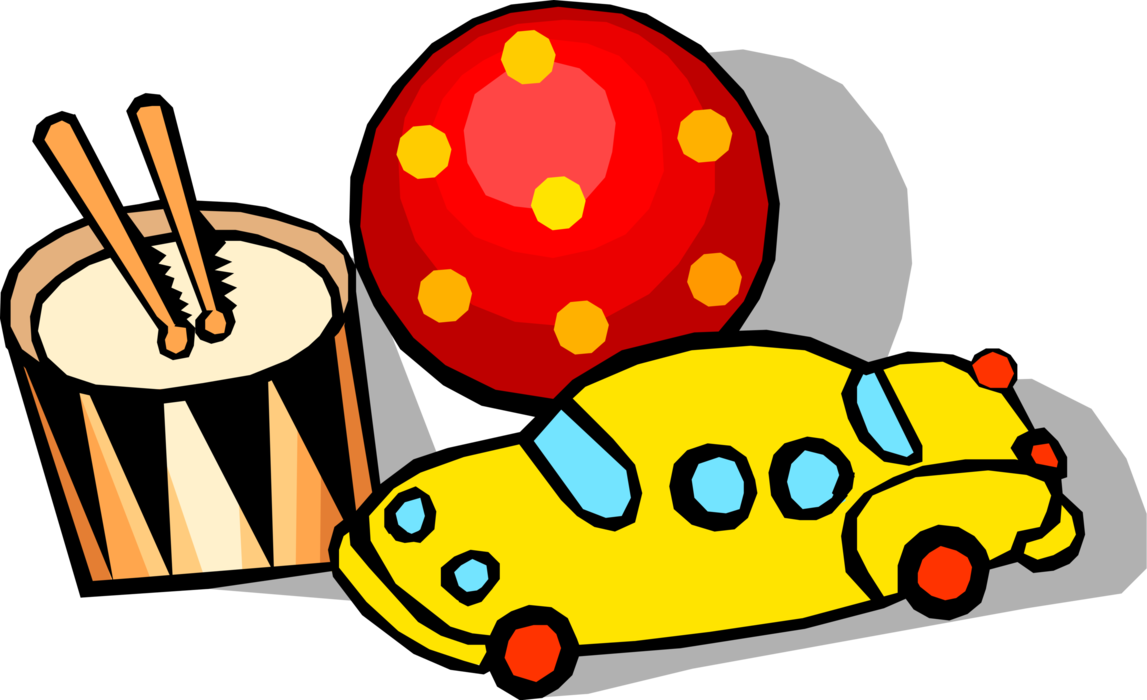 Vector Illustration of Child's Play Toy Drum, Bouncing Ball and Car Automobile