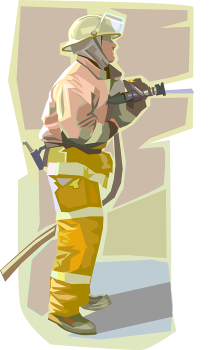 Vector Illustration of Firefighting Fireman Fights Fire with Hose and Water Spray