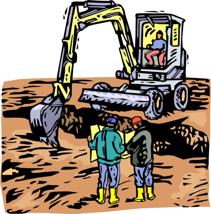 Vector Illustration of Heavy Machinery Construction Equipment Hydraulic Excavator Digs Dirt Soil