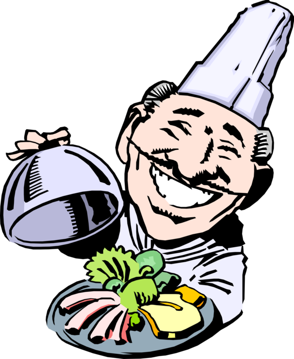 Vector Illustration of French Culinary Cuisine Chef Reveals Serving Platter of Food
