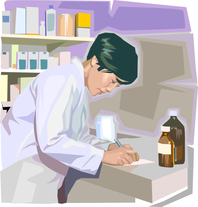 Vector Illustration of Pharmacist Filling Prescription with Bottle of Prescription Medicine