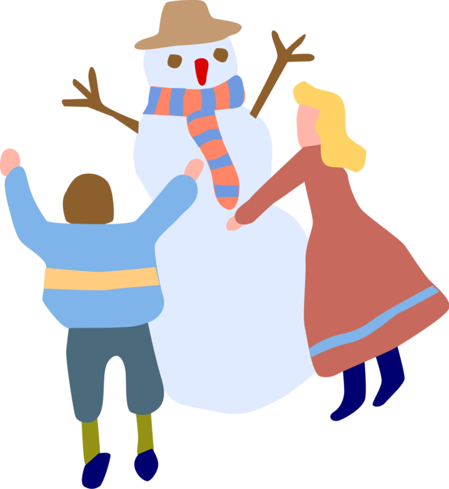 Vector Illustration of Children Building Snowman Anthropomorphic Snow Sculpture