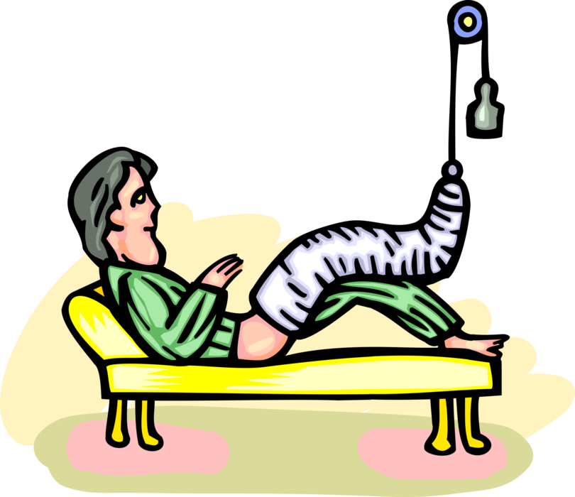 Vector Illustration of Patient in Hospital Beg with Broken Leg in Traction