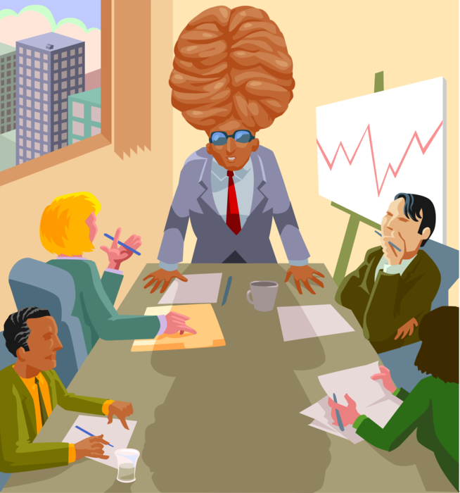 Vector Illustration of Big Brain Behind the Business Success in Boardroom Meeting