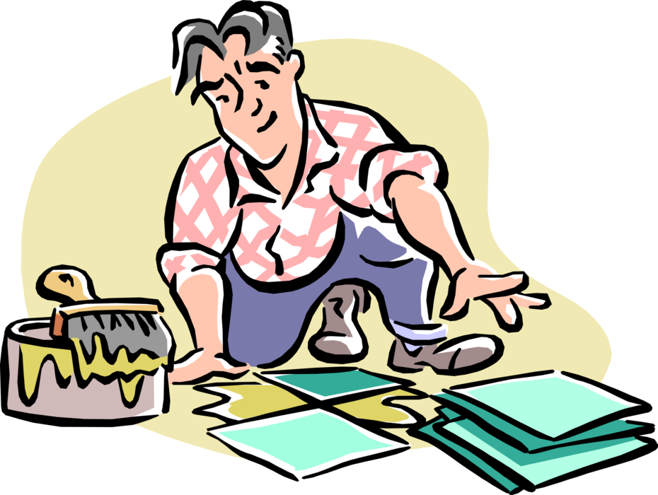 Vector Illustration of Do-It-Yourself Home Improvement Handyman Laying Ceramic Floor Tiles