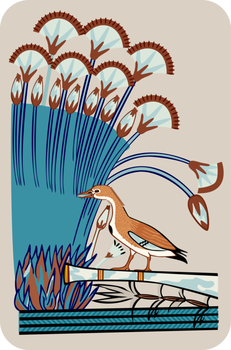 Vector Illustration of Ancient Egyptian Reed Boat with Bird and Foliage