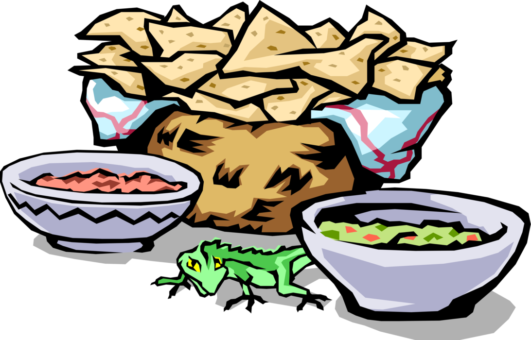 Vector Illustration of Mexican Food Tortilla Corn Chips, Salsa and Guacamole