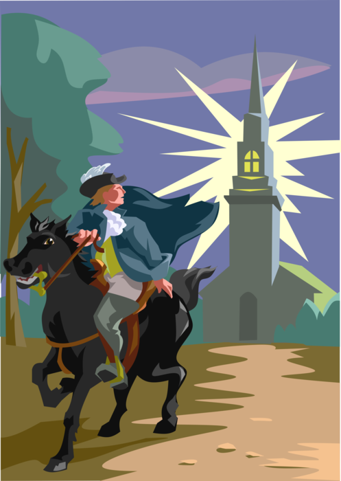 Vector Illustration of Patriot in the American Revolution Paul Revere Warns Minutemen of British Invasion