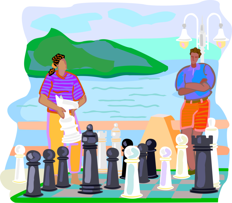 Vector Illustration of Playing Game of Chess Outdoors with Large Chess Pieces