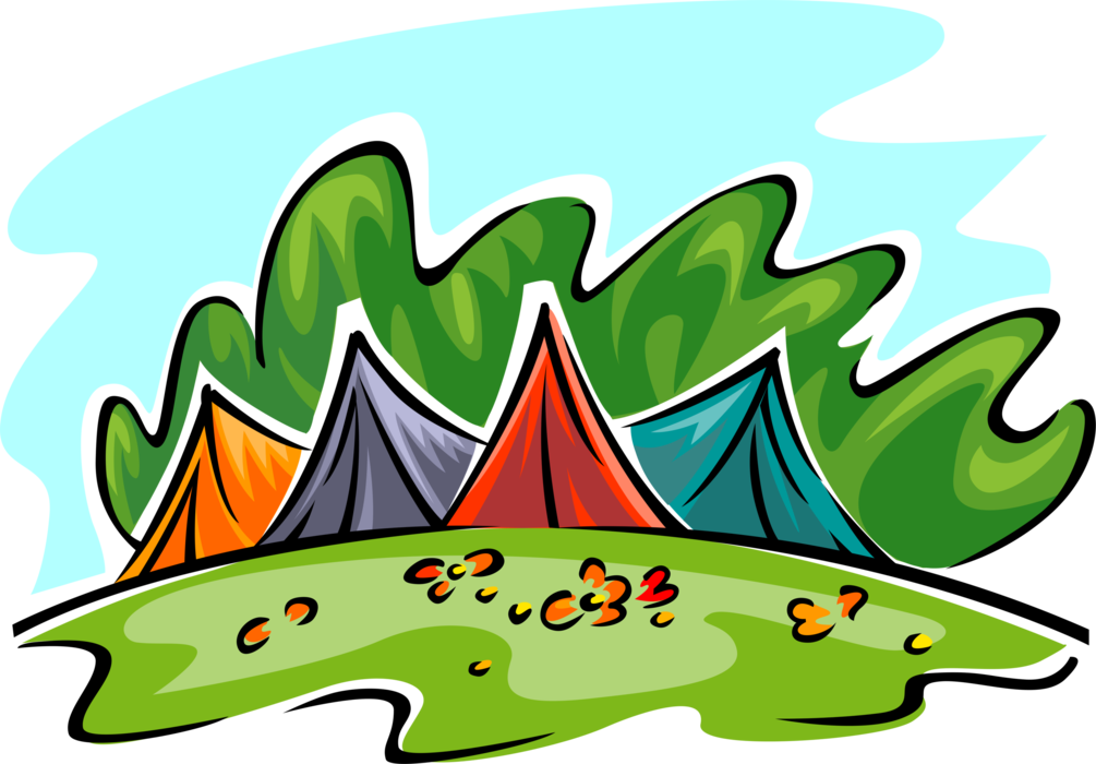 Vector Illustration of Outdoor Recreational Activity Camping Tents in Outdoor Campground Park